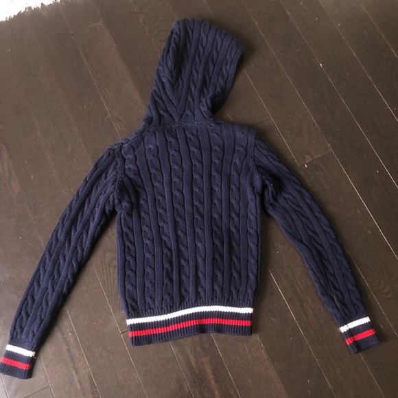 Cropped Ralph Lauren Navy Cable Knit Hoodie with Red and White Stripes - Picture 2 of 2